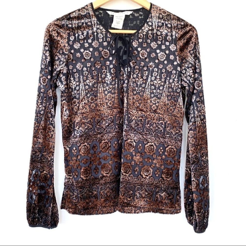 Max Studio burnout velvet top with long sleeves, crew neck with tie front